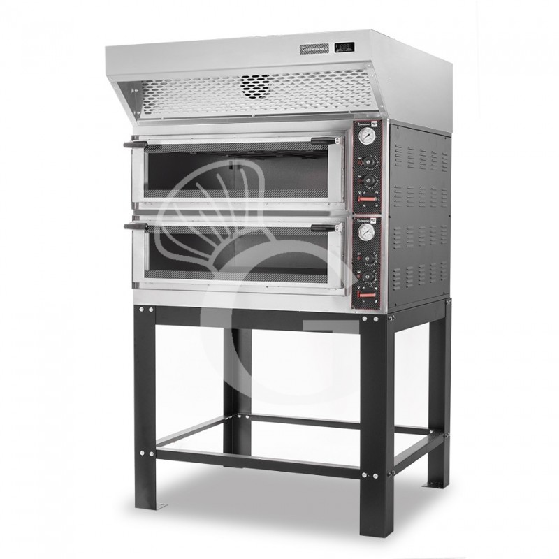 Horno eléctrico mecánico puerta de cristal 4 bandejas 600x400 o 4+4 pizzas Ø 400mm con campana de condensación inox y soporte