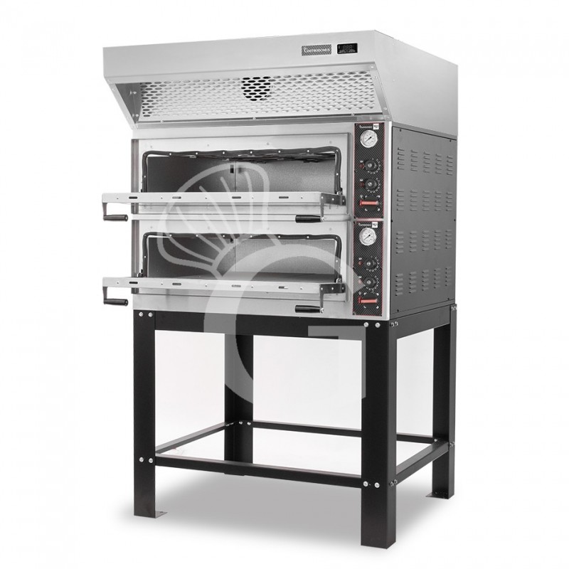 Horno eléctrico mecánico puerta de cristal 4 bandejas 600x400 o 4+4 pizzas Ø 400mm con campana de condensación inox y soporte
