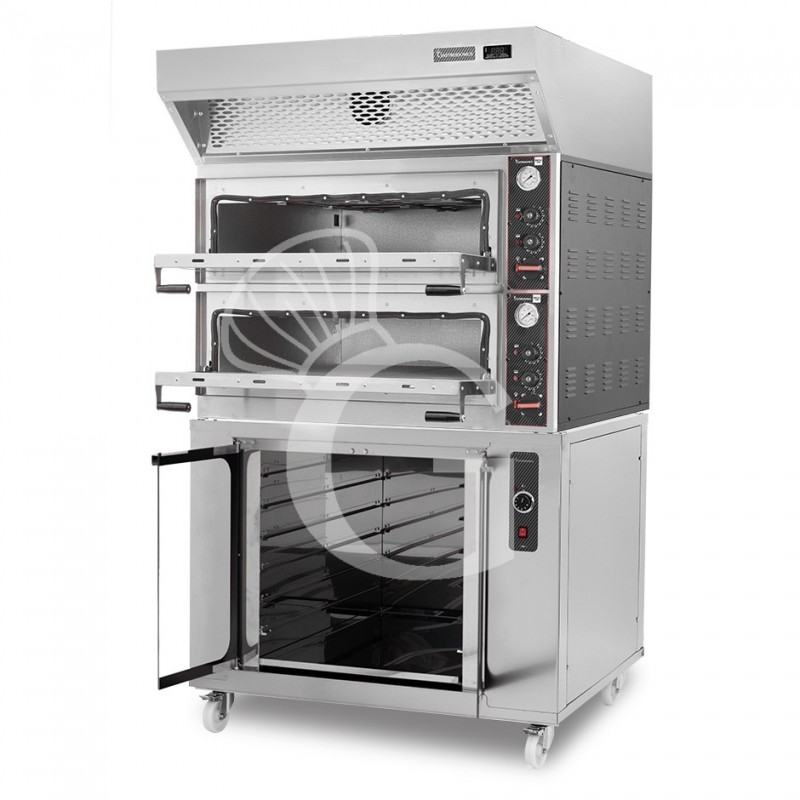 Horno eléctrico mecánico  puerta cristal 4 bandejas 60x40 o 4+4 pizzas Ø 40cm campana  condensación y cámara fermentación inox
