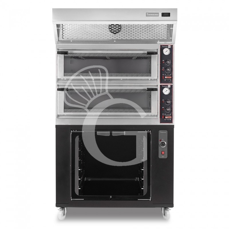 Horno eléctrico mecánico  puerta cristal 4 bandejas 60x40 o 4+4 pizzas Ø 40cm  campana condensación  cámara de fermentación