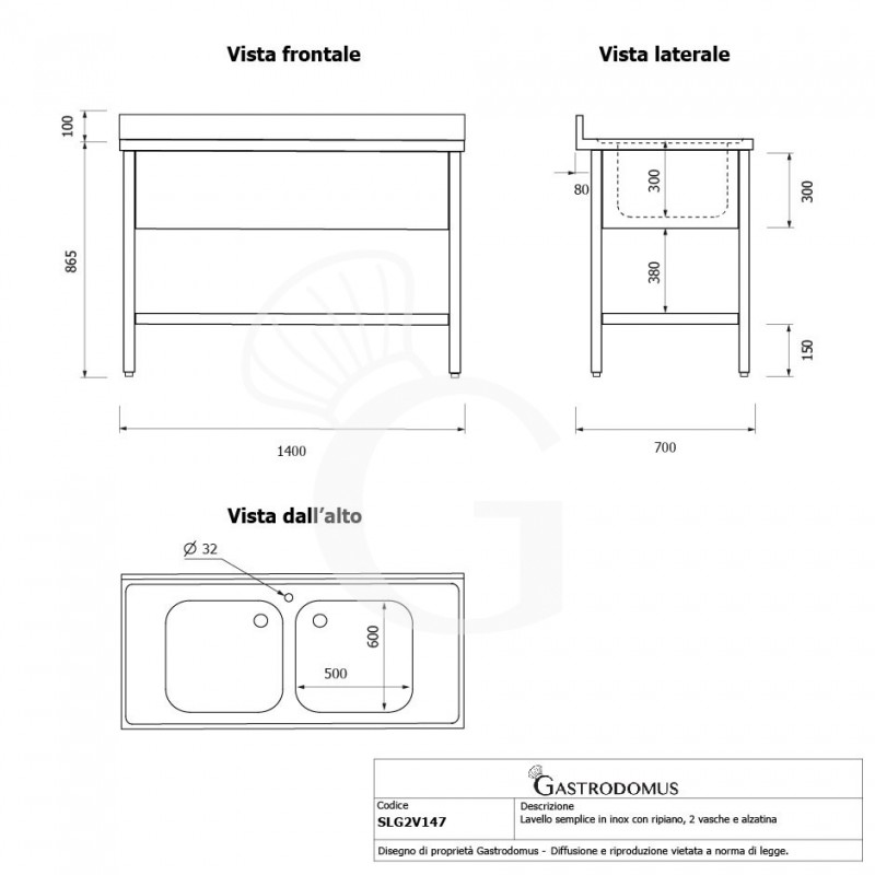 Fregadero inox con 2 cubetas, estante, peto L 1400 mm x P 700 mm x A 965 mm- con agujero para el grifo Ø 32 mm