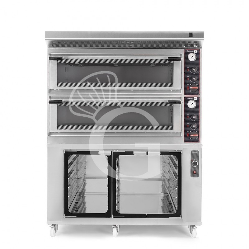 Horno eléctrico mecánico puerta con cristal 8 bandejas 600x400 o 6+6 pizzas Ø 400mm con campana  y cámara de fermentación inox