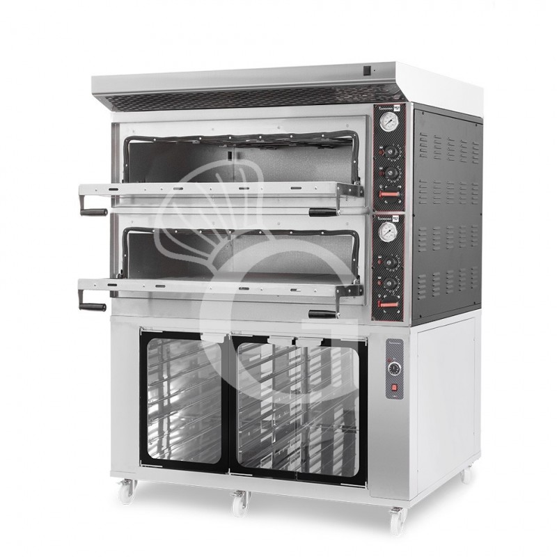 Horno eléctrico mecánico puerta con cristal 8 bandejas 600x400 o 6+6 pizzas Ø 400mm con campana  y cámara de fermentación inox