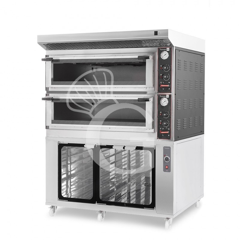 Horno eléctrico mecánico puerta con cristal 8 bandejas 600x400 o 6+6 pizzas Ø 400mm con campana  y cámara de fermentación inox