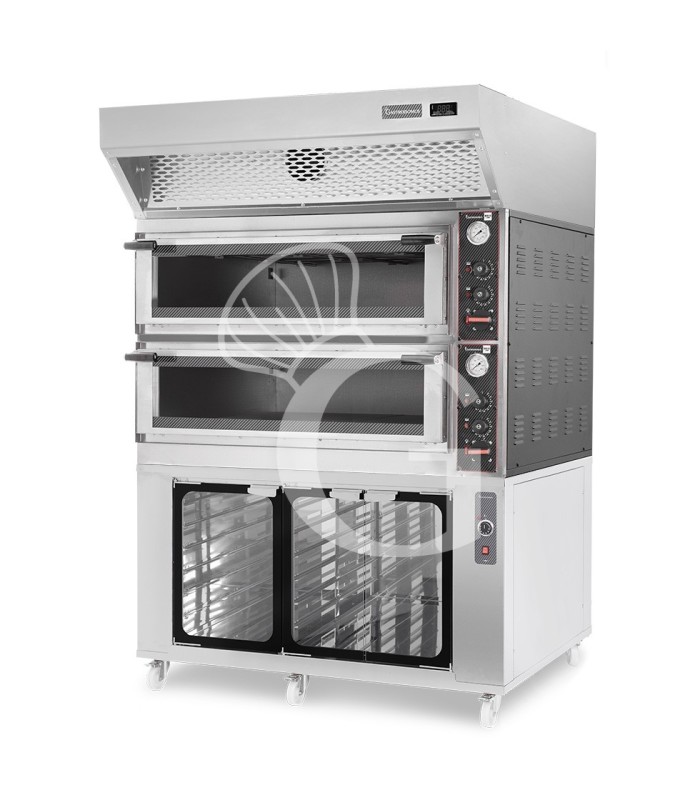 Horno eléctrico mecánico puerta cristal 8 bandejas 600x400 o 6+6 pizzas Ø40cm campana condensación, cámara fermentación inox