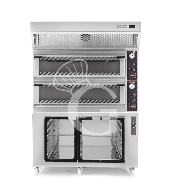 Horno eléctrico mecánico puerta cristal 8 bandejas 600x400 o 6+6 pizzas Ø 40cm campana condensación, cámara  fermentación inox