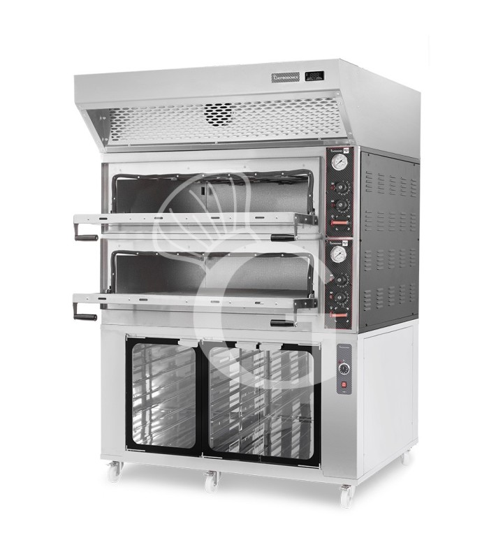 Horno eléctrico mecánico puerta cristal 8 bandejas 600x400 o 6+6 pizzas Ø 40cm campana condensación, cámara  fermentación inox