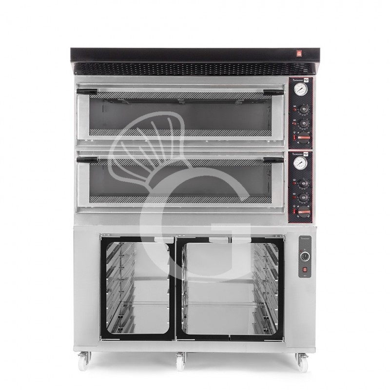 Horno eléctrico mecánico puerta cristal 8 bandejas 600x400 o 6+6 pizzas Ø 400mm con campana negra, cámara de fermentación inox