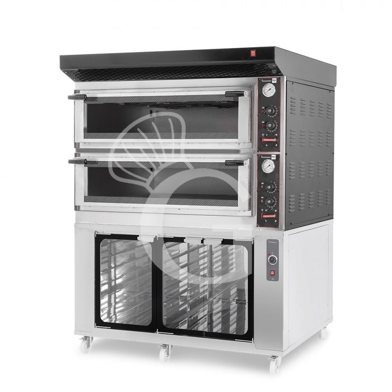 Horno eléctrico mecánico puerta cristal 8 bandejas 600x400 o 6+6 pizzas Ø 400mm con campana negra, cámara de fermentación inox