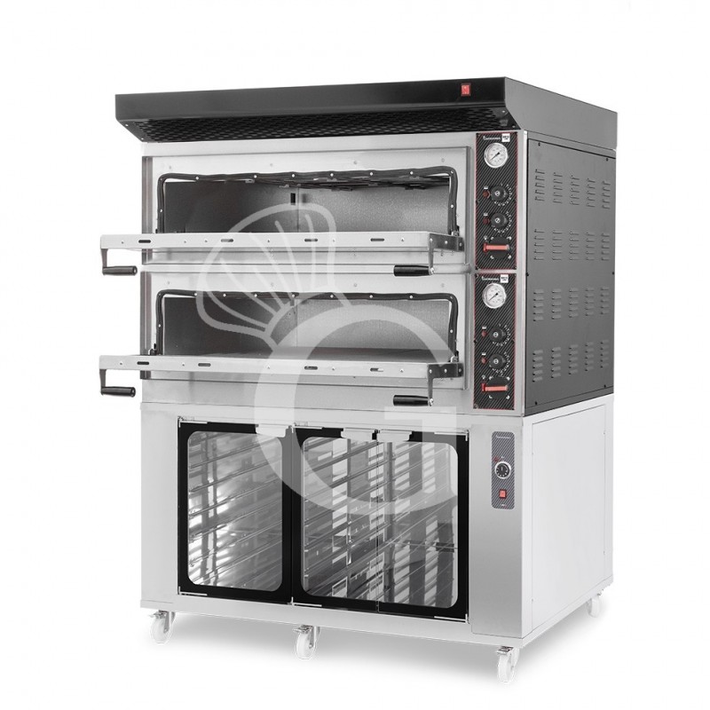 Horno eléctrico mecánico puerta cristal 8 bandejas 600x400 o 6+6 pizzas Ø 400mm con campana negra, cámara de fermentación inox
