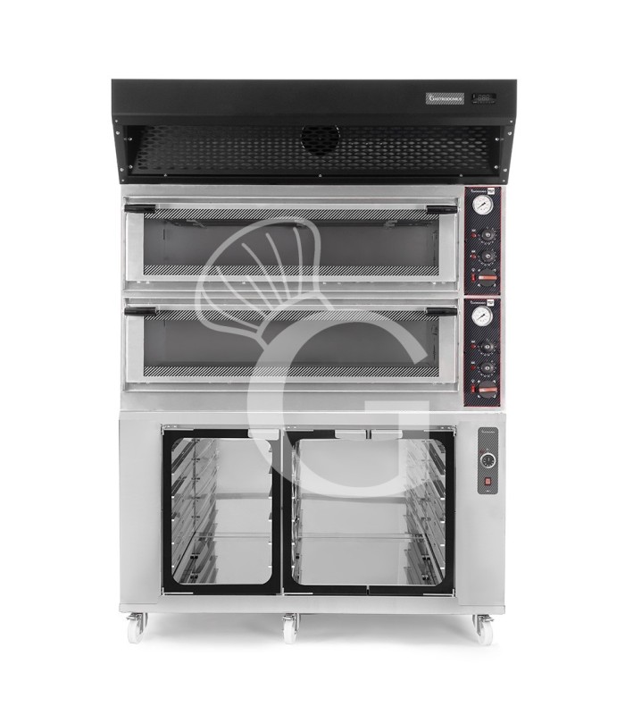 Horno eléctrico  puerta cristal 8 bandejas 600x400 o 6+6 pizzas Ø 400mm con campana condensación negra, cámara fermentación inox