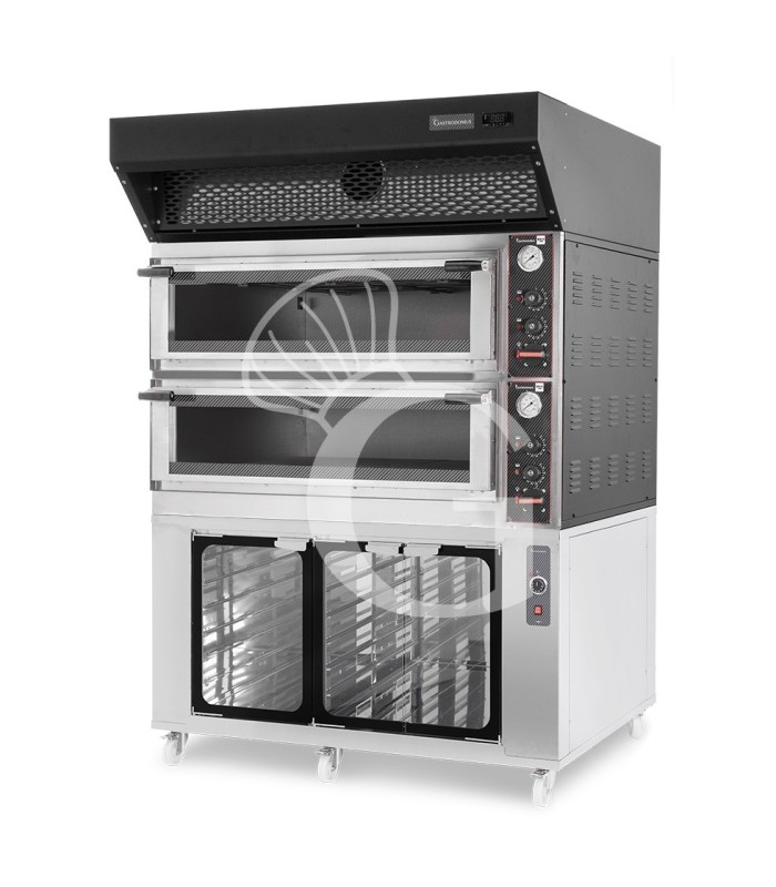 Horno eléctrico  puerta cristal 8 bandejas 600x400 o 6+6 pizzas Ø 400mm con campana condensación negra, cámara fermentación inox