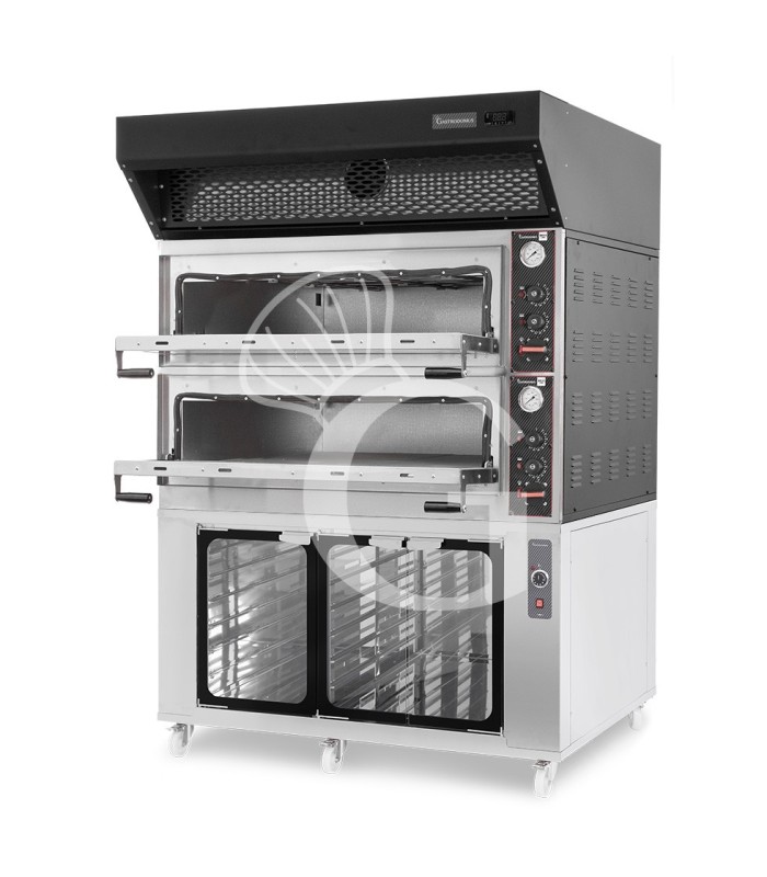 Horno eléctrico  puerta cristal 8 bandejas 600x400 o 6+6 pizzas Ø 400mm con campana condensación negra, cámara fermentación inox