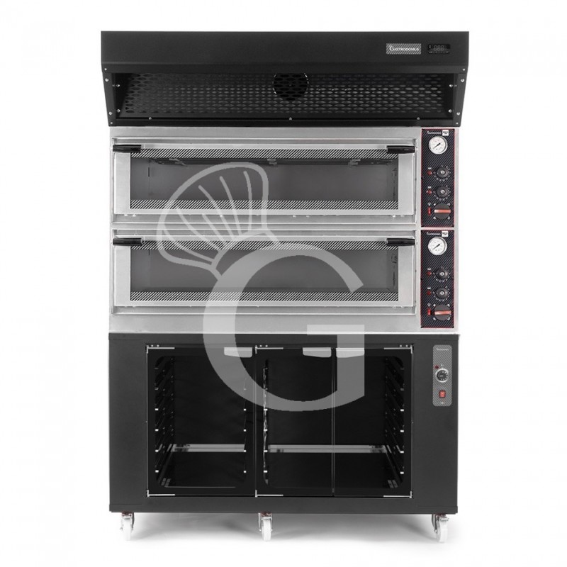 Horno eléctrico mecánico puerta con cristal 8 bandejas 600x400 o 6+6 pizzas Ø400mm campana de condensación y cámara fermentación