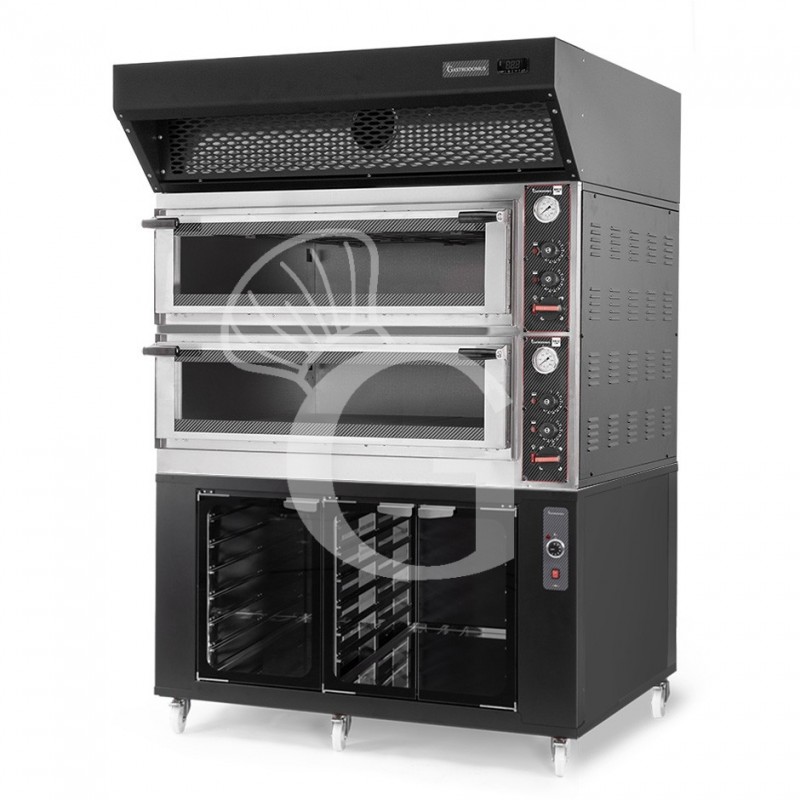 Horno eléctrico mecánico puerta con cristal 8 bandejas 600x400 o 6+6 pizzas Ø400mm campana de condensación y cámara fermentación