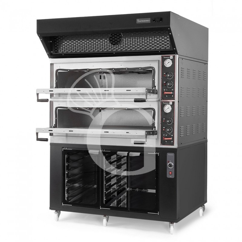 Horno eléctrico mecánico puerta con cristal 8 bandejas 600x400 o 6+6 pizzas Ø400mm campana de condensación y cámara fermentación