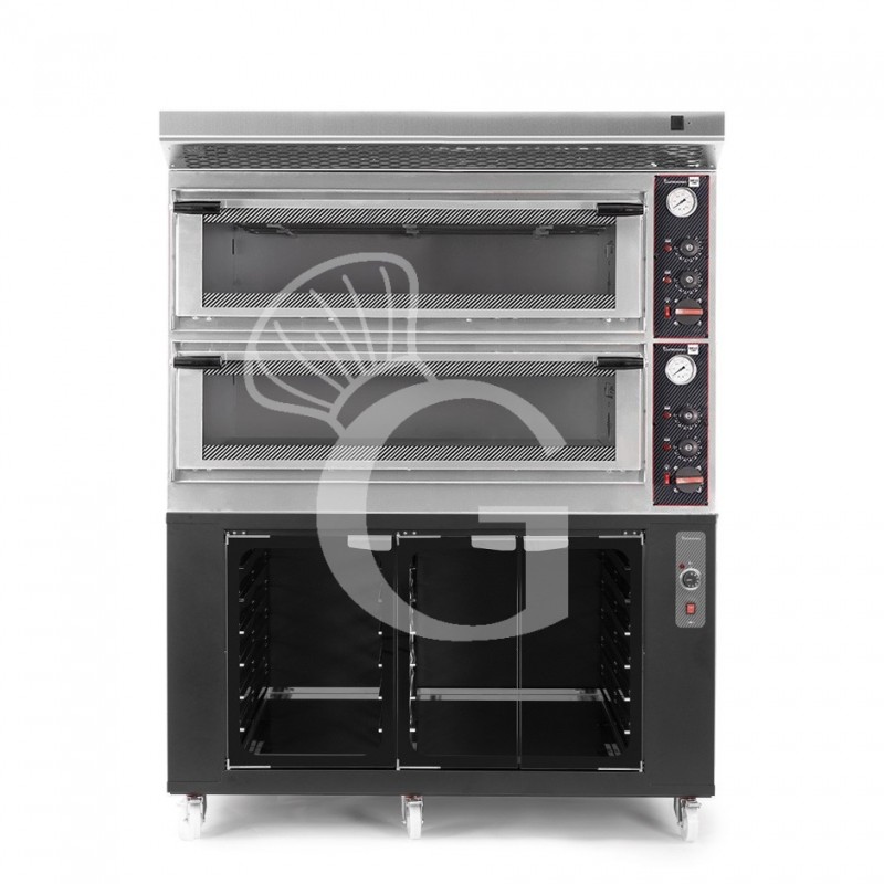 Horno eléctrico mecánico puerta cristal 8 bandejas 600x400 o 6+6 pizzas Ø 400mm con campana negra, cámara de fermentación inox