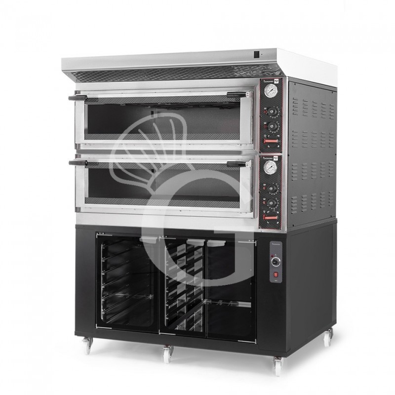 Horno eléctrico mecánico puerta cristal 8 bandejas 600x400 o 6+6 pizzas Ø 400mm con campana inox, cámara de fermentación negra