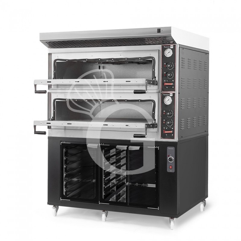 Horno eléctrico mecánico puerta cristal 8 bandejas 600x400 o 6+6 pizzas Ø 400mm con campana inox, cámara de fermentación negra