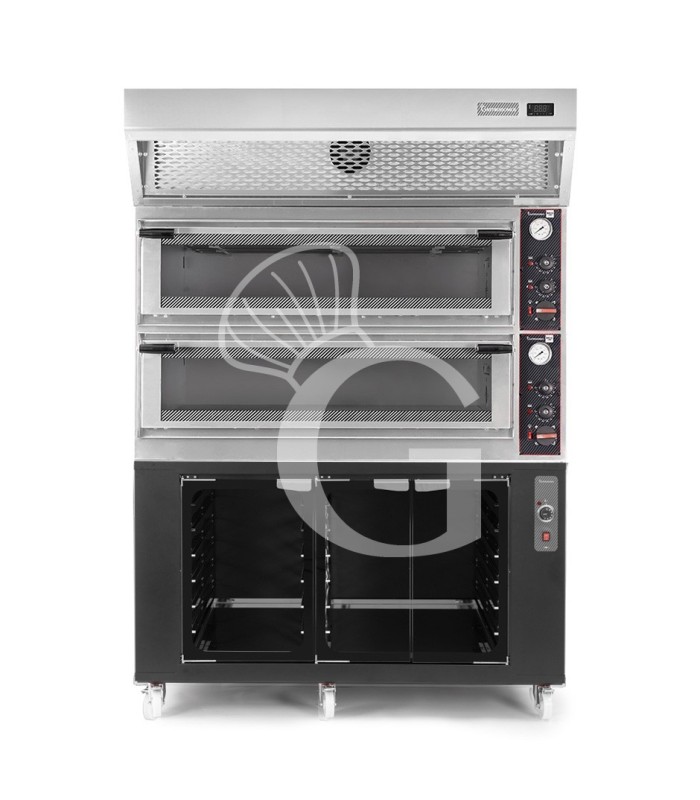 Horno eléctrico mecánico puerta cristal 8 bandejas 600x400 o 6+6 pizzas Ø 400mm con campana condensación  cámara de fermentación