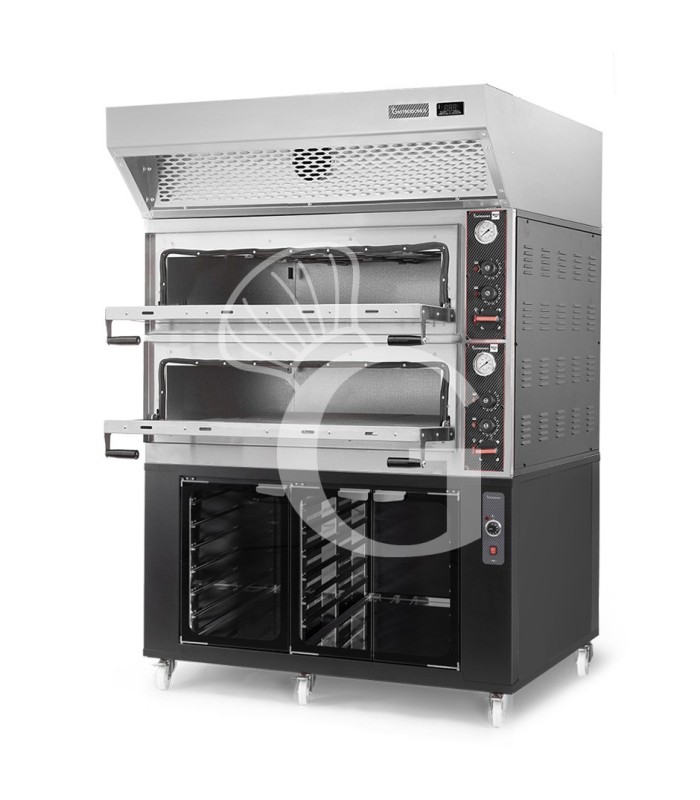 Horno eléctrico mecánico puerta cristal 8 bandejas 600x400 o 6+6 pizzas Ø 400mm con campana condensación  cámara de fermentación