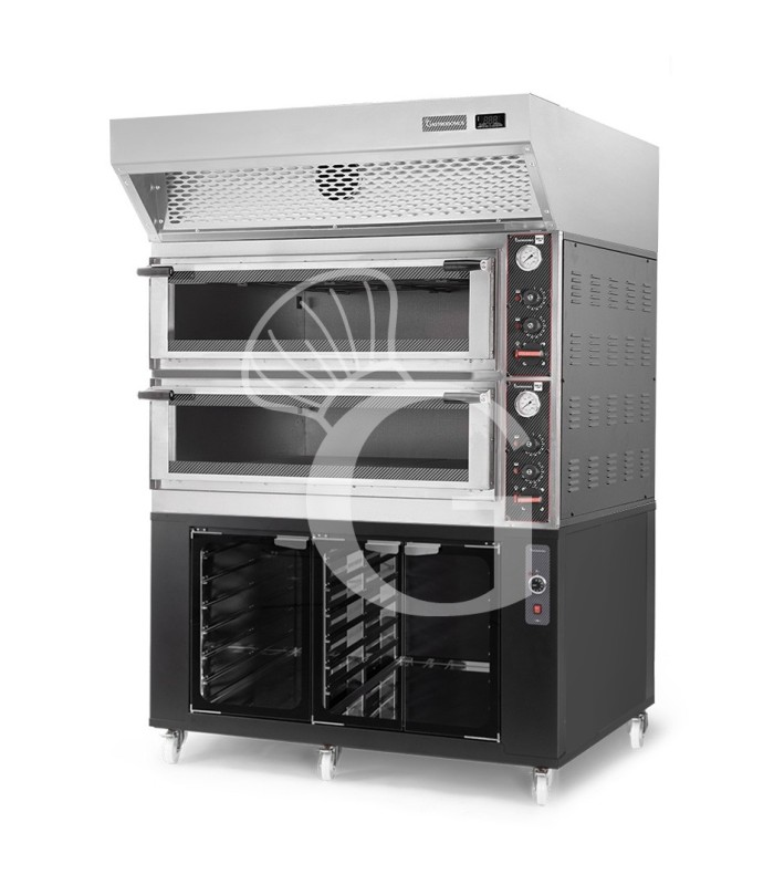 Horno eléctrico mecánico puerta cristal 8 bandejas 600x400 o 6+6 pizzas Ø 400mm con campana condensación  cámara de fermentación