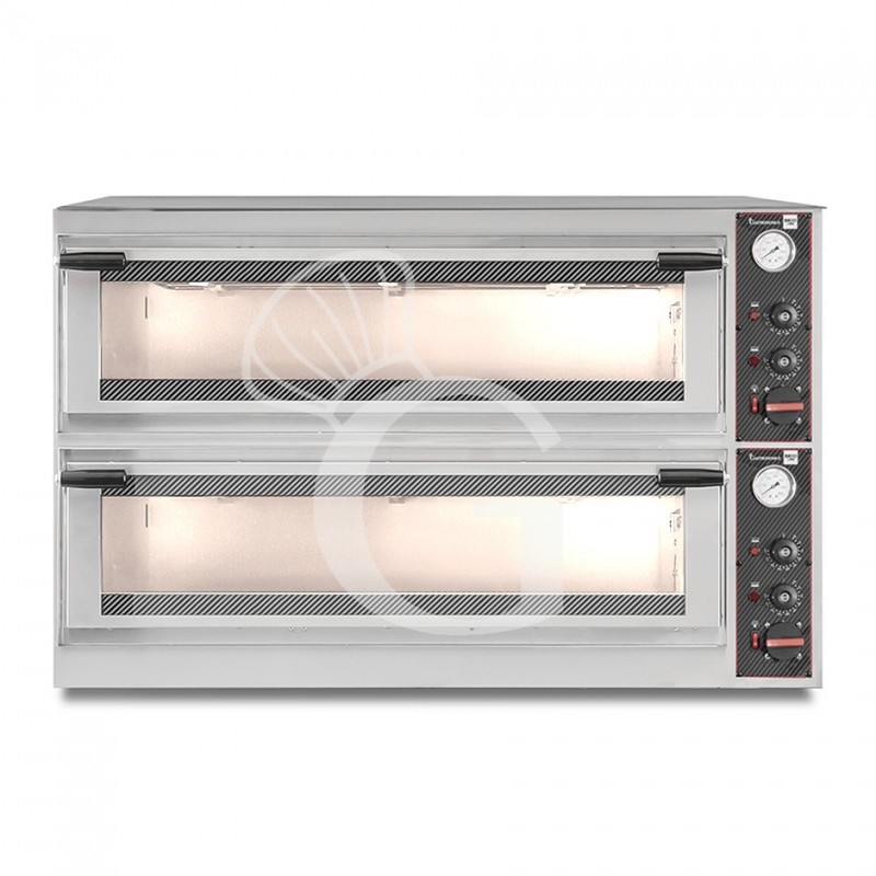 Horno eléctrico puerta de cristal para 8 bandejas 600x400 o 12 pizzas Ø 400mm 2 cámaras con control mecánico Horno eléctrico puerta de cristal para 8 bandejas 600x400 o 12 pizzas Ø 400mm 2 cámaras con control mecánico