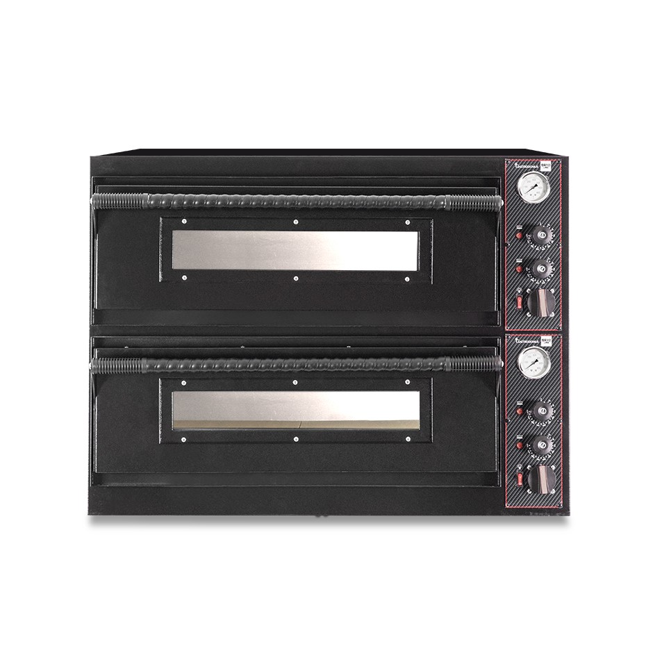 Horno eléctrico 4+4 pizzas de diámetro 350 mm 2 cámaras control mecánico 6 Kw con diseño negro