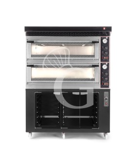 Horno eléctrico mecánico puerta con cristal 8 bandejas 600x400 o 6+6 pizzas Ø400mm con campana y cámara de fermentación negras