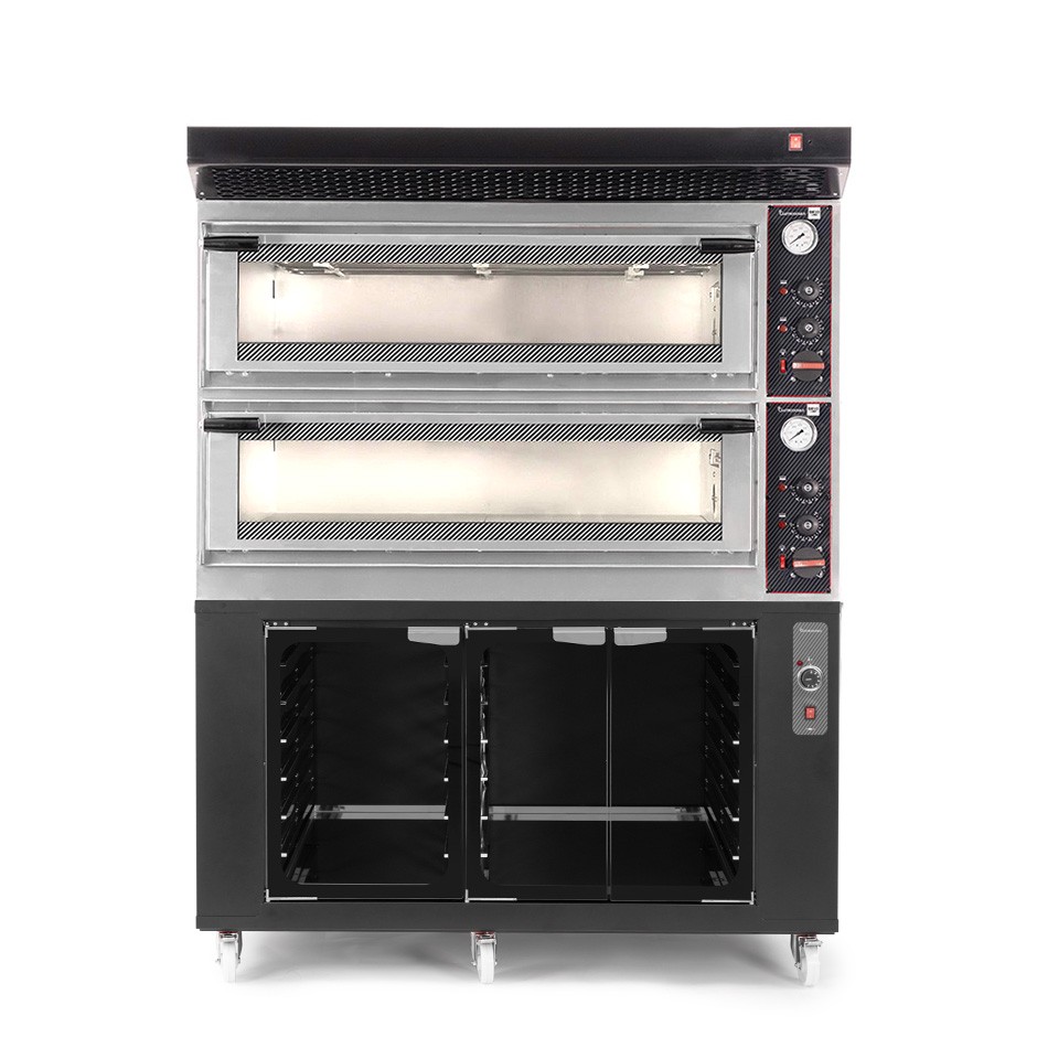 Horno eléctrico mecánico puerta con cristal 8 bandejas 600x400 o 6+6 pizzas Ø400mm con campana y cámara de fermentación negras