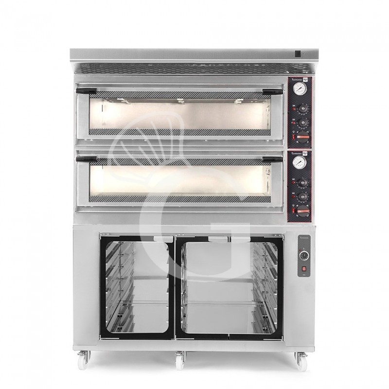 Horno eléctrico mecánico puerta con cristal 8 bandejas 600x400 o 6+6 pizzas Ø 400mm con campana  y cámara de fermentación inox