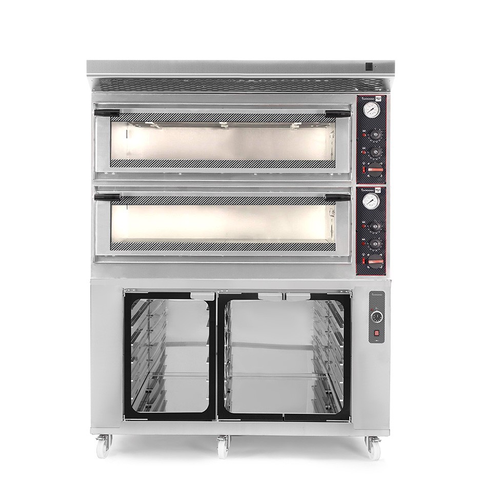Horno eléctrico mecánico puerta con cristal 8 bandejas 600x400 o 6+6 pizzas Ø 400mm con campana  y cámara de fermentación inox