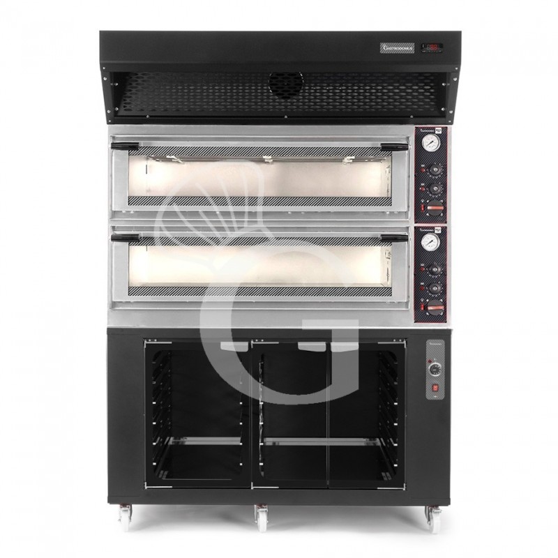 Horno eléctrico mecánico puerta con cristal 8 bandejas 600x400 o 6+6 pizzas Ø400mm campana de condensación y cámara fermentación
