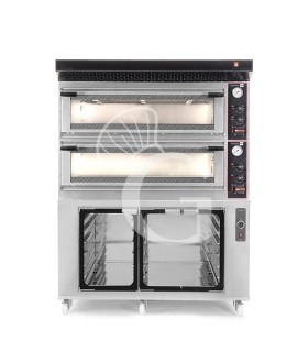 Horno eléctrico mecánico puerta cristal 8 bandejas 600x400 o 6+6 pizzas Ø 400mm con campana negra, cámara de fermentación inox