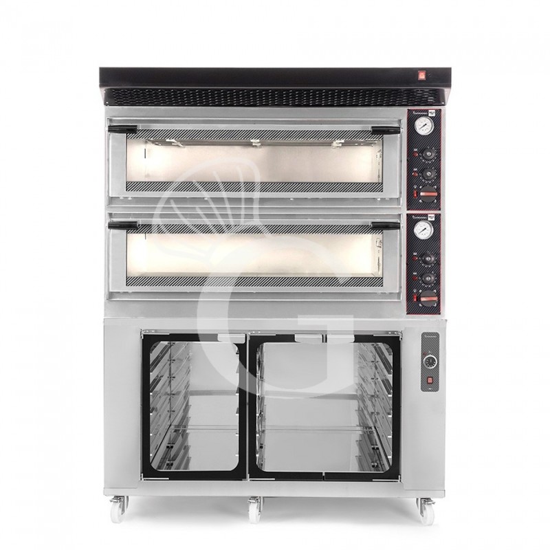Horno eléctrico mecánico puerta cristal 8 bandejas 600x400 o 6+6 pizzas Ø 400mm con campana negra, cámara de fermentación inox