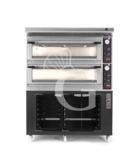 Horno eléctrico mecánico puerta cristal 8 bandejas 600x400 o 6+6 pizzas Ø 400mm con campana negra, cámara de fermentación inox