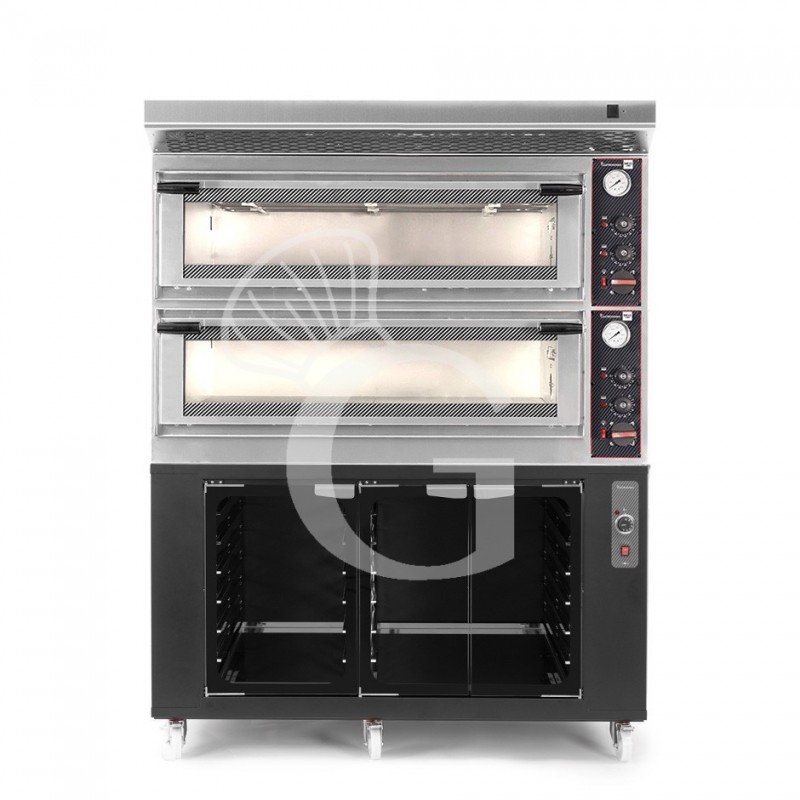 Horno eléctrico mecánico puerta cristal 8 bandejas 600x400 o 6+6 pizzas Ø 400mm con campana negra, cámara de fermentación inox
