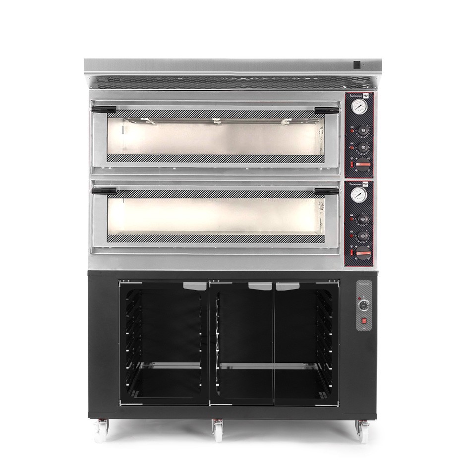 Horno eléctrico mecánico puerta cristal 8 bandejas 600x400 o 6+6 pizzas Ø 400mm con campana negra, cámara de fermentación inox