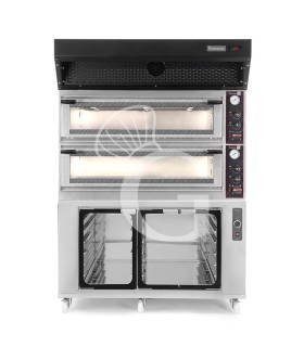 Horno eléctrico  puerta cristal 8 bandejas 600x400 o 6+6 pizzas Ø 400mm con campana condensación negra, cámara fermentación inox