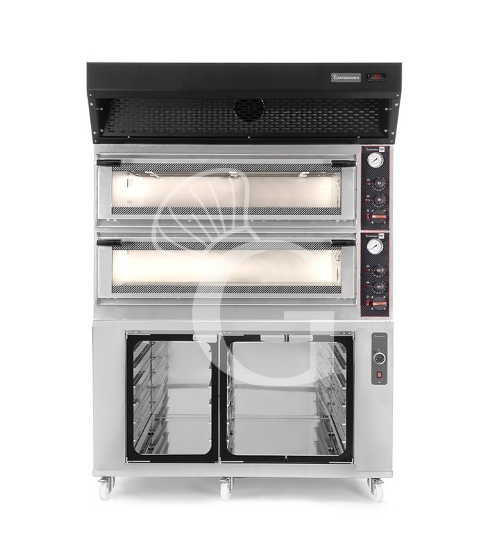 Horno eléctrico  puerta cristal 8 bandejas 600x400 o 6+6 pizzas Ø 400mm con campana condensación negra, cámara fermentación inox