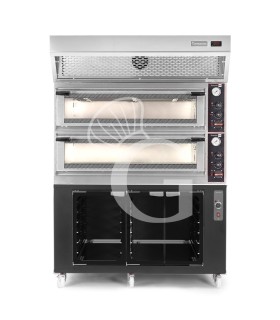 Horno eléctrico mecánico puerta cristal 8 bandejas 600x400 o 6+6 pizzas Ø 400mm con campana condensación  cámara de fermentación