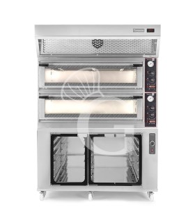 Horno eléctrico mecánico puerta cristal 8 bandejas 600x400 o 6+6 pizzas Ø 40cm campana condensación, cámara  fermentación inox