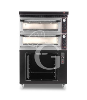 Horno eléctrico mecánico puerta cristal 4 bandejas 60x40 o 4+4 pizzas Ø 40cm con campana negra y cámara de fermentación negra