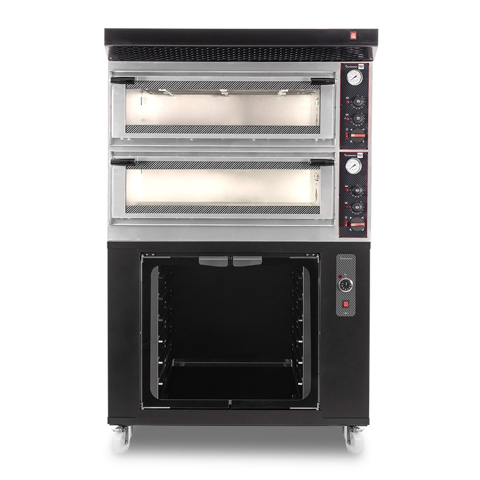 Horno eléctrico mecánico puerta cristal 4 bandejas 60x40 o 4+4 pizzas Ø 40cm con campana negra y cámara de fermentación negra