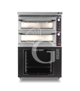 Horno eléctrico mecánico puerta  cristal 4 bandejas 60x40 o 4+4 pizzas Ø 40cm  campana inox y cámara de fermentación negra
