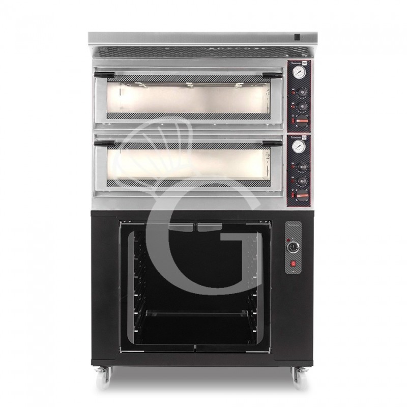 Horno eléctrico mecánico puerta  cristal 4 bandejas 60x40 o 4+4 pizzas Ø 40cm  campana inox y cámara de fermentación negra