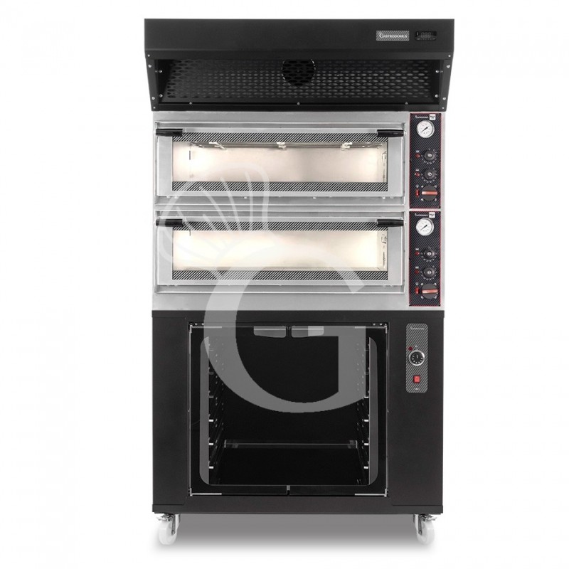 Horno eléctrico mecánico puerta  cristal 4 bandejas 60x40 o 4+4 pizzas Ø 40cm campana  condensación y cámara fermentación negras