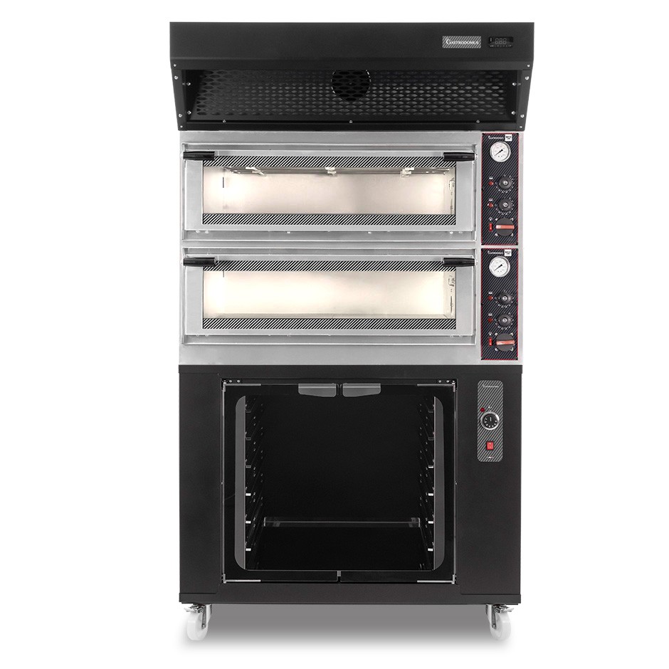 Horno eléctrico mecánico puerta  cristal 4 bandejas 60x40 o 4+4 pizzas Ø 40cm campana  condensación y cámara fermentación negras