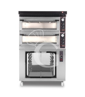 Horno eléctrico mecánico puerta de cristal 4 bandejas 60x40 o 4+4 pizzas Ø 40cm con campana negra y cámara de fermentación inox