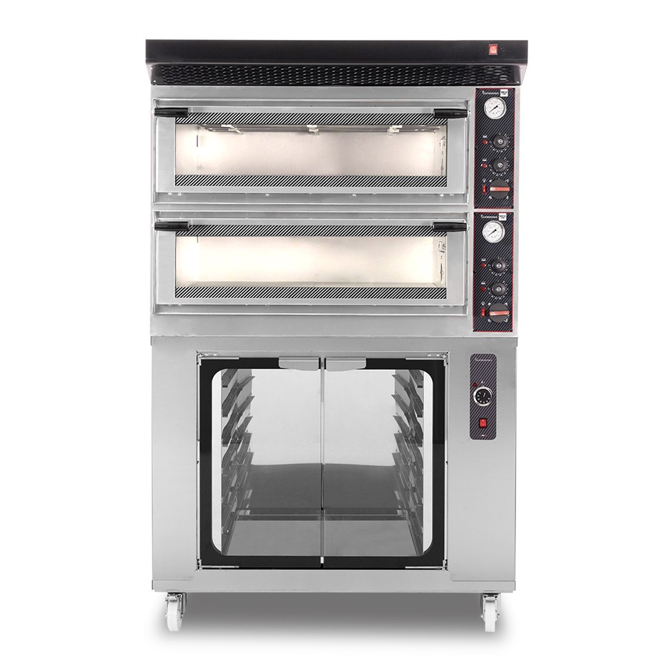 Horno eléctrico mecánico puerta de cristal 4 bandejas 60x40 o 4+4 pizzas Ø 40cm con campana negra y cámara de fermentación inox